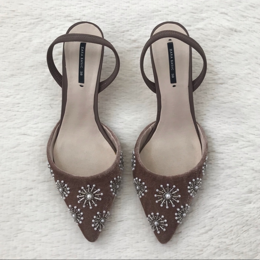 Zara Velvet Beaded Pearl Embellished Slingbacks - Picture 2 of 8